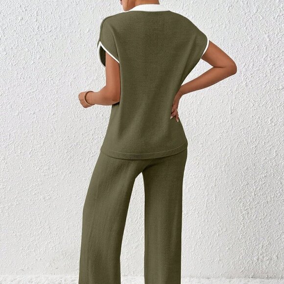 Army Green Women's Loose Knit Sweater & Drawstring Pants Set - Picture 2 of 7